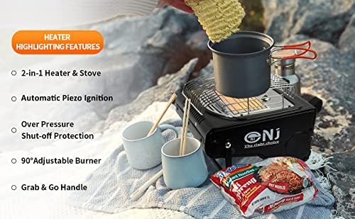 Camping Gas Heater Portable Stove - Compact 2in1 Butane Gas Cooker and Heater Outdoor use Auto Ignition 1.7kW, Black